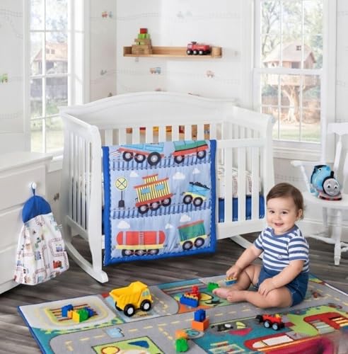 Image of EVERYDAY KIDS 4 Piece Boys Crib Bedding Set - Choo Choo Train - Includes Quilt, Fitted Sheet, Dust Ruffle and Diaper Stacker - Nursery Bedding Set - Baby Crib Bedding Set