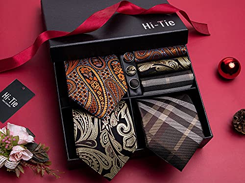Image of Hi-Tie 3 Pcs Gift Box Mens Tie Set Necktie with Pocket Square Cufflinks Lapel Pin Silk Neck Tie Collection