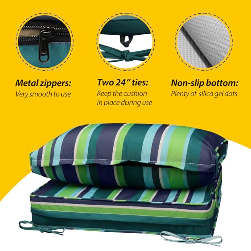 Image of AAAAAcessories Outdoor Seat Cushions for Chairs, Fade-Resistant, Waterproof Patio Furniture Replacement Cushions, 25.5 inch x 25.5 inch x 5 inch + 25.5 inch x 13.5 inch, Set of 2, Stormy Teal Coastal Stripe