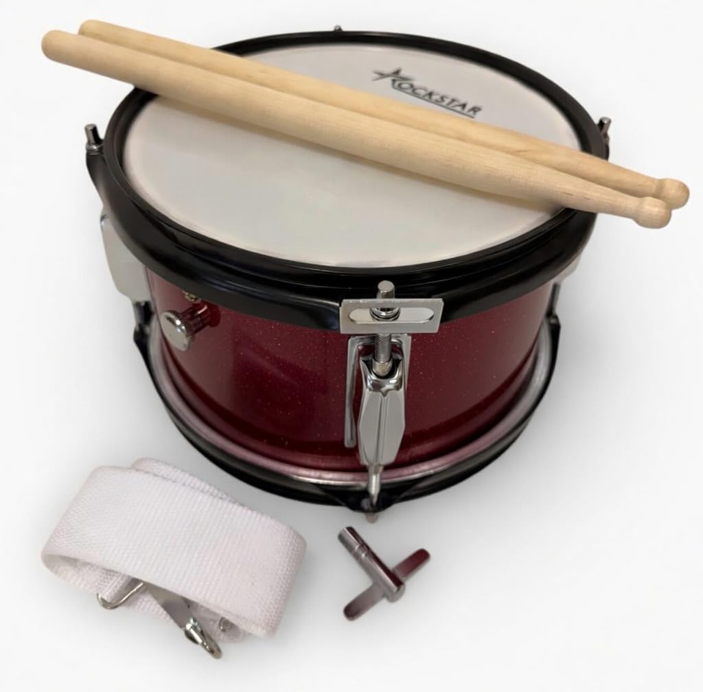 ROCKSTAR - Tambor de Madera Afinable SMD-0805WR 8" x 5" (20 x 12,7 cm) Caja de Marcha, Instrumento de Percusión con Bordón Ajustable, Correa y Baquetas Incluidas. Vino metalizado.