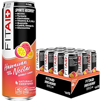 FITAID Post Workout Recovery Drink, Hawaiian Nectar, Passion Fruit, Orange & Guava, BCAAs, Glucosamine, Electrolytes, 40 Calories, 12 Fl Oz Pack of 12