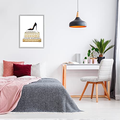 Image of Stupell Industries 'Black Heels Gold White Bookstack', Framed Giclee Art, Gray, 24 x 30 Inches, Easy to Hang and Sturdy, Made in USA, by Amanda Greenwood | Stupell Industries | Gray, 24 x 30 Inches, Easy to Hang and Sturdy, Made in USA, by Amanda Greenwood