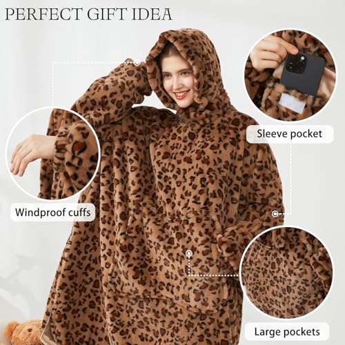 Image of Softan Blanket Hoodie, Oversized Wearable Blanket for Adult Women and Men Gifts, Super Cozy Warm and Soft Hooded Blanket Sweatshirt, Brown Cheetah Print Faux Fur Blanket Sweatshirt with Large Pocket