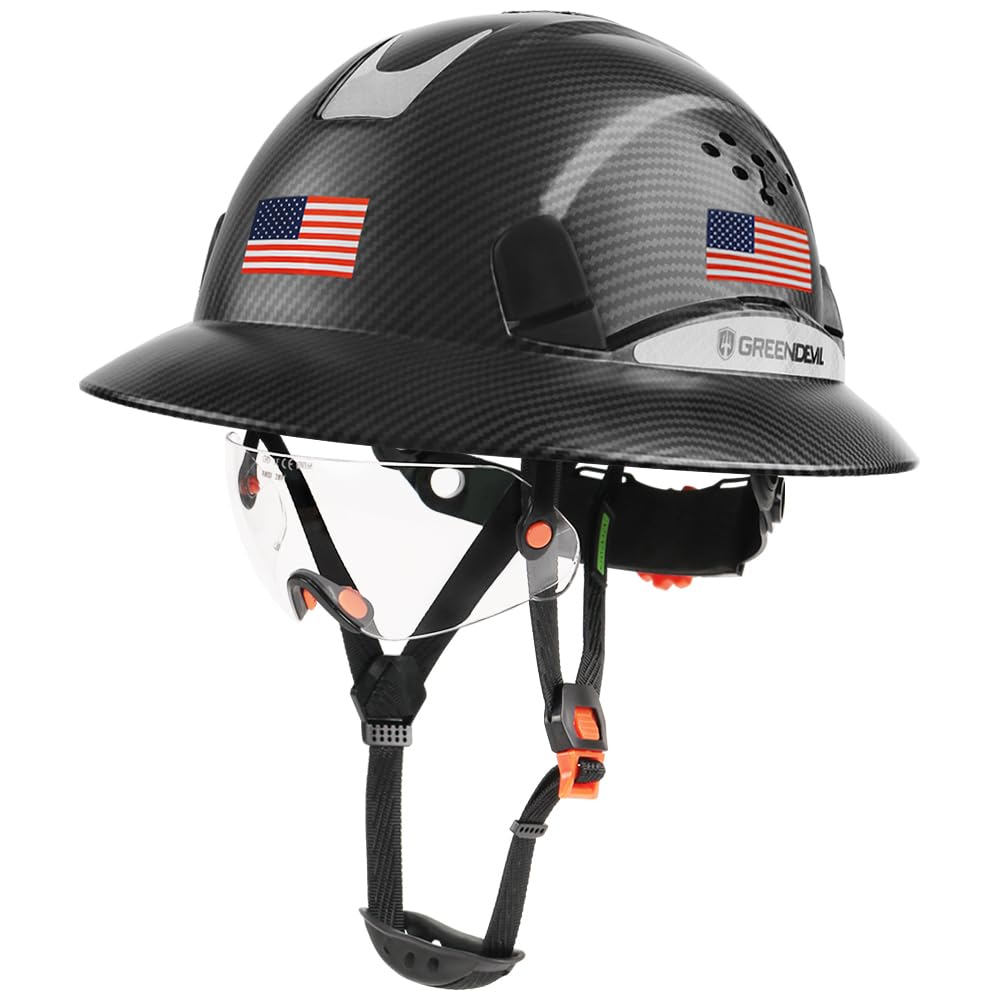GREEN DEVILFull Brim Hard Hat Vented Construction Safety Helmet OSHA Approved Cascos De Construccion ABS Work Hardhat for Men&Women 6 Point Adjustable Ratchet Suspension Custom Pattern Design