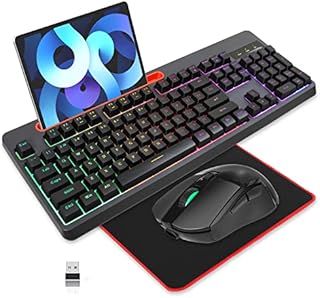 Wireless Gaming Keyboard and Mouse Combo, Snpurdiri Rainbow Backlit Mechanical Feeling Rechargeable Full Size Anti-ghosting Keyboard with Tablet/Phone Bracket, Long Battery Life for PC Gamer