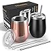2 Pezzi Termos Caffè, 350 ml Tazza Termica da Viaggio in Acciaio Inox, Borraccia Termica Double Insulated Termica, Riutilizzabile Bottiglia Termica con Cannuccia Acciaio, BPA Free, Nero + Oro Rosa