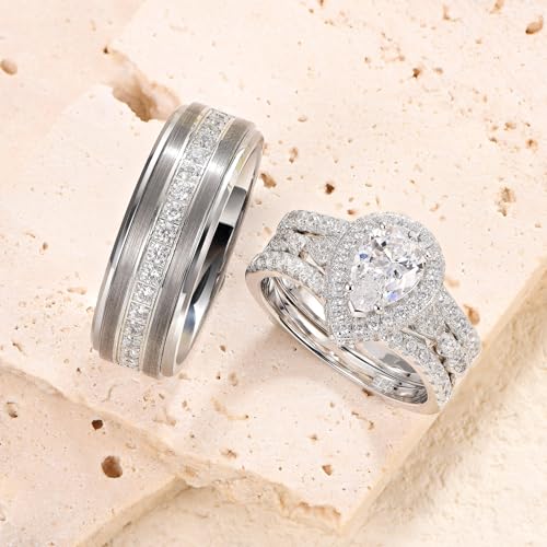 Newshe Jewellery Wedding Ring Sets for Him and Her AAAAA Cz Promise Rings for Couples Women Mens Band Pear Shape Size 5-133