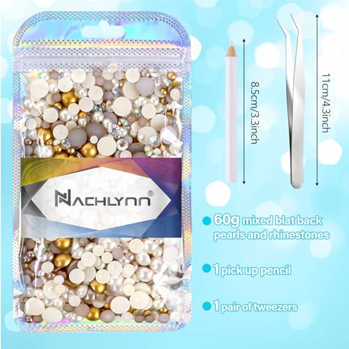 NACHLYNN 60g Mix Pearls and Half Round Rhinestones for Crafts Flatback Rhinestones Mixed Size 3mm-10mm Flatback Pearls for DIY Nail Art Shoes Apparel Tumblers Mugs (Champagne Gold) - Thumbnail 4