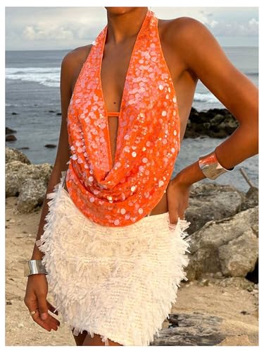SOLY HUX Women's Sequin Glitter Halter Crop Tank Top Sparkly Backless Deep Cowl Neck Going Out Vest Clubwear4
