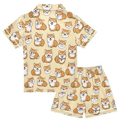 ALAZA Cute Yellow Puppy Dog Cartoon Satin Pajamas Set Short Sleeve Button Down Sleepwear Summer Pjs 2 Piece2