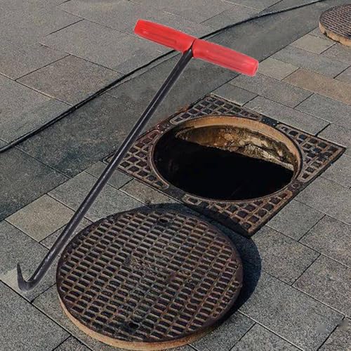 ZIMGOD Single Manhole Cover Puller with Red Rubber Handle, Anti Skid T-shaped Drain Lid Keys Steel, Versatile Pulling Tool for Roller Shutter/Goods(45cm (17 3/4