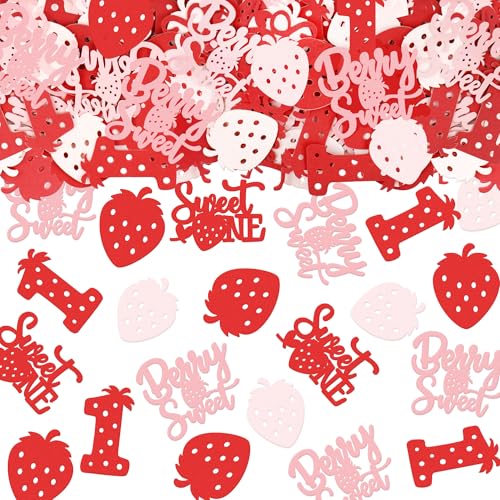 Image of 200Pcs Double-sided Pink Red Strawberry Confetti Berry Sweet One Table Confetti Red Strawberry One Table Decorations for Baby Shower Girls Berry 1st Birthday Party Confetti Supplies
