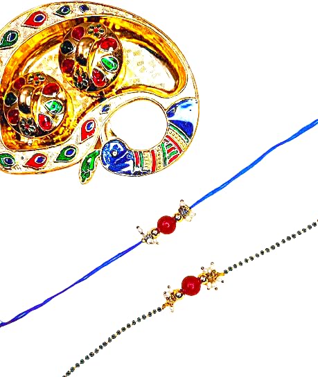 Traditional Decorative Rakhi Thread Bracelet Set with Beads and Tika Chawal Plate, Combo Pack of 3, Multicolour