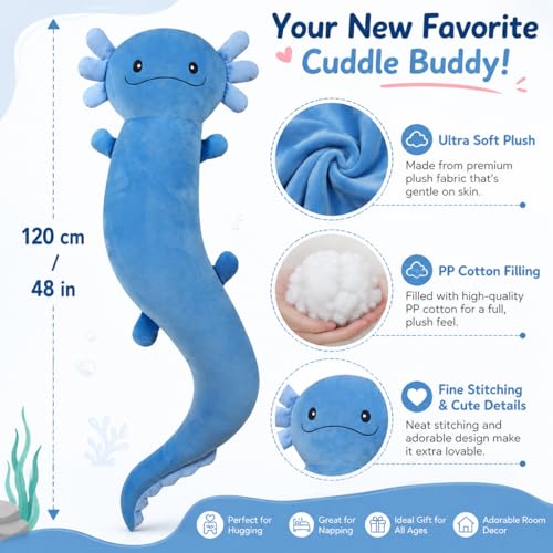 Image of Tianmihou 48 Inch Giant Axolotl Plush Pillow, Big Blue Axolotl Stuffed Animal, Glow in The Dark Salamander Plushie, Soft Large Axolotl Body Pillow, Cute Birthday Gift for Kids Adults