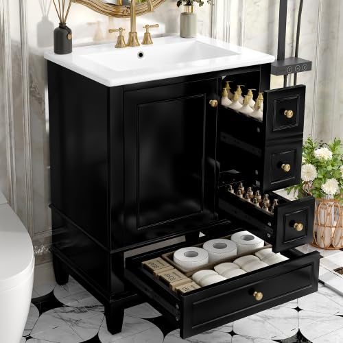 Image of Bellemave 24 inch Bathroom Vanity with Ceramic Sink & 3 Drawers, Bathroom Cabinet with Storage Shelves & Solid Wood Base, Freestanding Vanity Cabinet with Soft Closing Door with Organizer (Black /24)