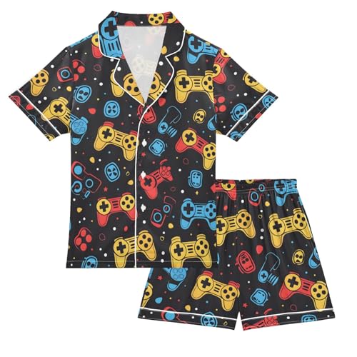 ALAZA Color Gamepad Pajamas Satin Pajama Set Short Sleeve Button Down Sleepwear