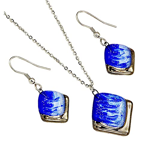 Bijoux bleu et blanc collier boucles d'oreilles verre tchèque platine femme