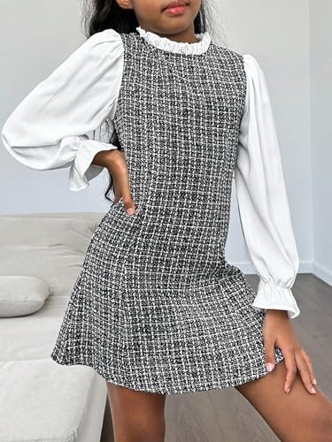 WDIRARA Girl's Plaid Stand Collar Long Sleeve Pattern Flounce Sleeve Frill Trim 2 in 1 Tweed Dress3