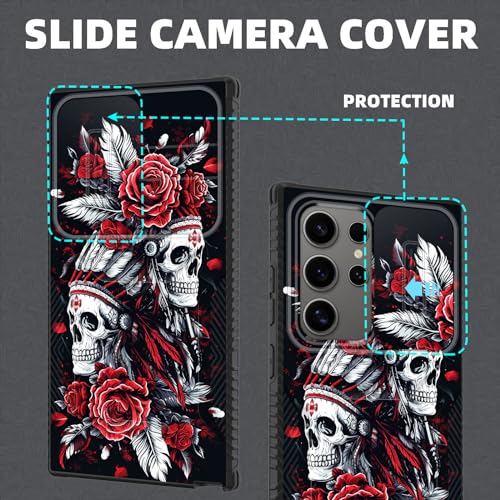 wiaekosef for Galaxy S24 Ultra Case Built in Slide Camera Lens Cover,Heavy Duty Shockproof Protection Dual Layer Case for Samsung Galaxy S24 Ultra 6.8" 2024,Skull Art with Feathers and Roses - image 3