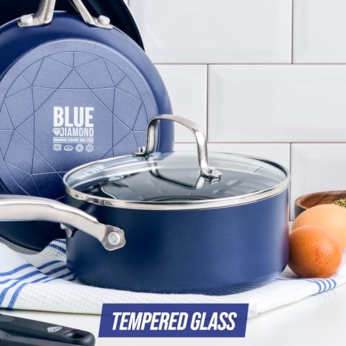 Blue Diamond 8.5” Universal Tempered Glass Lid, Frying Pan Skillet, Sauté, Saucepan, Stockpot, Oven Safe to 350°F, Dishwasher Safe, Stainless Steel Handle, Clear