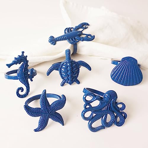 Utalek Coastal Theme Sea Creatures Napkin Rings Starfish Sea Shells Metal Napkin Rings Set of 6 for Dinner Party, Summer, Wedding, Beach Table Decor, Family Gatherings, or Everyday Use (6, Blue)