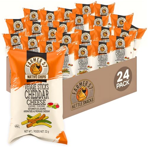 Farmer 57 Native Chips Veggie Cheddar Cheese Sticks 1.13 oz – 24 Pack Healthy Kettle-Cooked Snack, 30% Less Fat, Gluten-Free Plant-Based Snack
