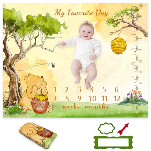 Image of E.Tnal Classic Winnie Baby Monthly Milestone Blanket - Pooh Bear Baby Stuff Winnie Milestone Blanket for Baby Boy Girl Nursery Decor Baby Shower 47"x40"