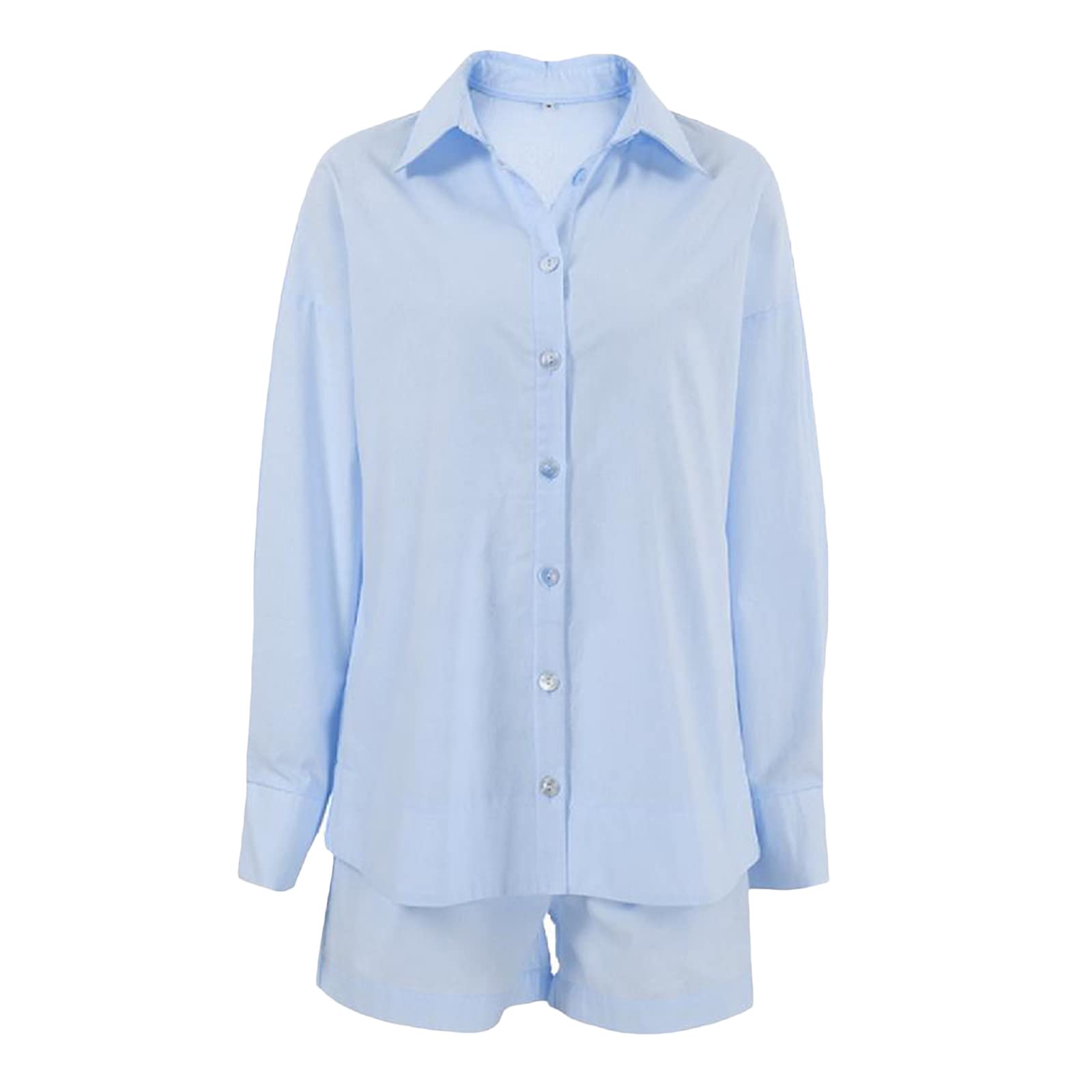 YILEEGOO Women Casual Pajama Set, Long Sleeve Button-down Shirt with Elastic Waist Shorts Loungewear Set