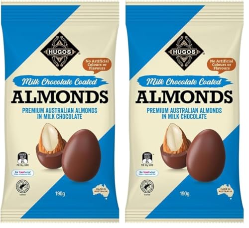 Hugos Chocolates Milk Chocolate Coated Almonds 190g, Healthy Snack, Atkins-Friendly, Dry Roasted Almond Coated with Chocolate (Pack of 2)