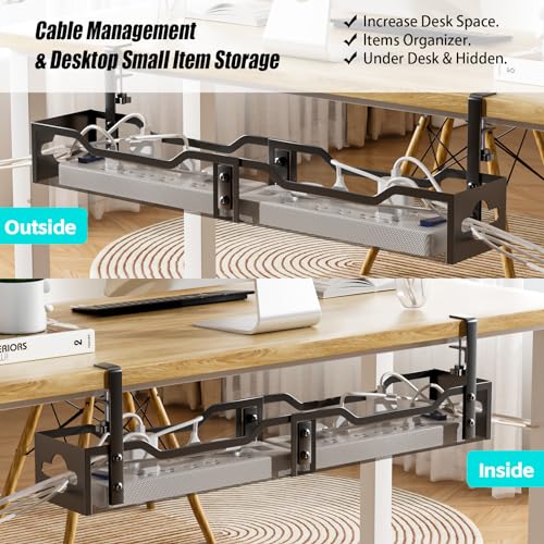 Image of Under Desk Cable Management No Drill, Standing Desk Cable Organizer, Quszmd Under Desk Cord Organizer, Under Desk Wire Management Tray - No Damage to Desk