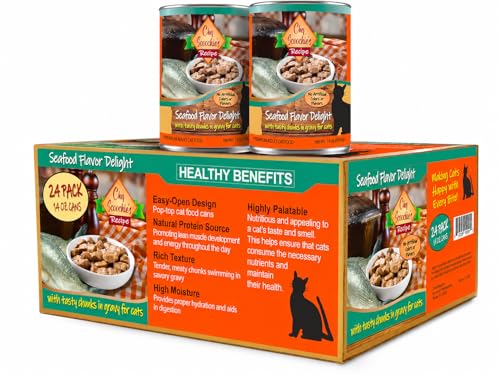 Image of Scoochie Pet Products Chef Scoochie's Tender Seafood Chunks in Gravy Wet Cat Food - Easy Open Pop-Top Cans - Protein & Essential Nutrients - Gourmet Meal for Indoor & Outdoor Cats 24 Cans (14 oz e.)