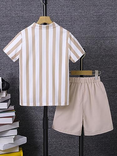 Image of OYOANGLE Boy's 2 Piece Outfits Tracksuit Short Sleeve Striped Button Down Blouse Shirt Top and Shorts with Pockets Khaki White 11-12Y