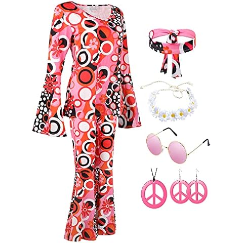 Hippie Verkleidung Damen Erwachsene Jahr 70 Jahr 60 Disco-Outfit Damen Kostüm Hippie Kostüm Jahr 70 Hose Vintage Damen Halskette Peace and Love Hippie Brille Jahre 70 Hemd Zubehör S Cover
