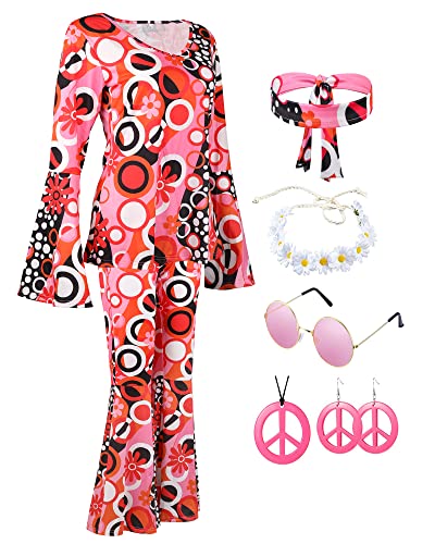 Annees 70 Deguisement Disco Femme Accessoires Hippie Style Vintage Bohémien Rose Tenue Disco Femme avec Costume Disco Chemise Hippie Taille Haute 70s Pantalon Évasé pour Halloween 70s Anniversaire S Cover