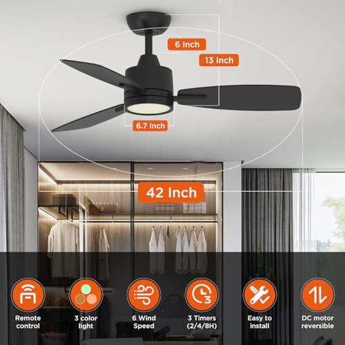 Taloya AT42-BK-3D-S3-2 42 Inch Black Ceiling Fans With Lights Led Remote Control Flush Mount Low Profile For Bedroom Farmhouse Patio Outdoor Living Room Kitchen Dining Room,Dc Motor,Reversible,3 Color Temperatures thumb #1