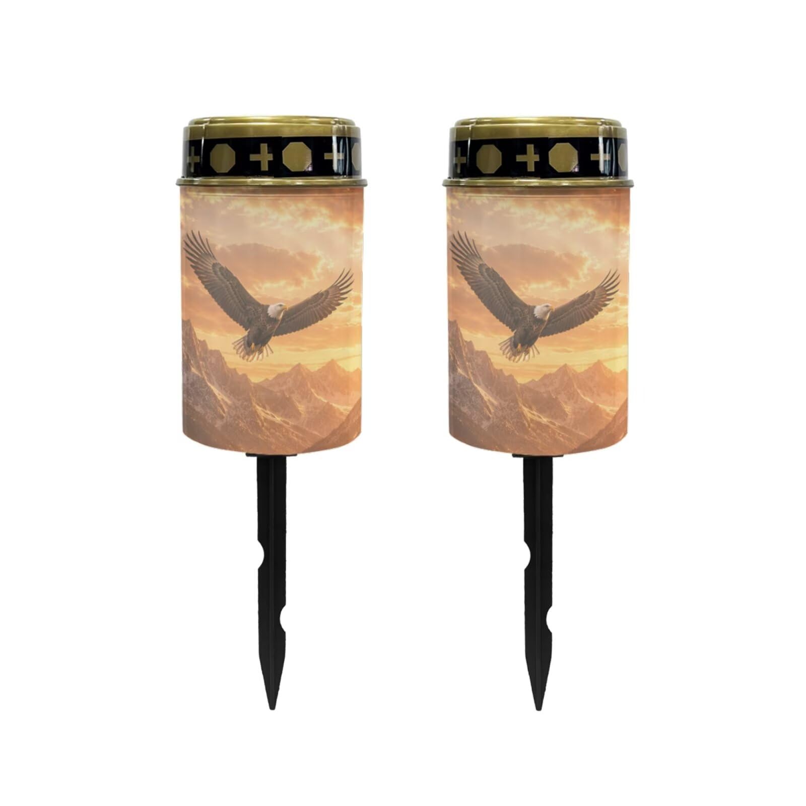 Poceacles Solar Lights Outdoor Grave Candle for Cemetery Decoration Solar Outdoor Lights for Garden Lawn Backyard Pathway Decor, Eagle Mountain Sunset Pattern, 2 Pack