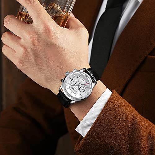 Image of CRRJU Men's Business Casual Chronograph Quartz Waterproof Wristwatch Black Leather Strap