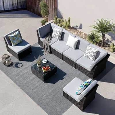 TiuBroe 7 Pieces Patio Furniture Sets, Outdoor PE Rattan Sectional Sofa Conversation Set, All Weather Conversation Set w/6 Seat Cushions and 1 Coffee Table (Light Gray)