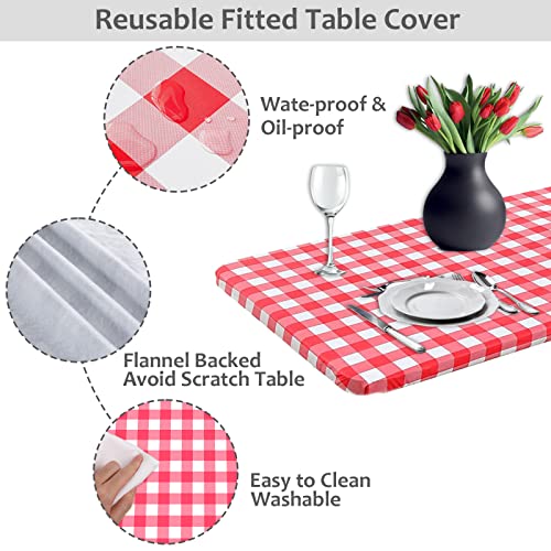3 Pcs Fitted Tablecloth For 6 Ft Rectangle Table,Stretch Waterproof Elastic Vinyl Picnic Table Cover With Flannel Backed Lining,Outdoor Camping Tablecloth Fits 30"X72" Folding Table(Buffalo Plaid,Red) #TOP2