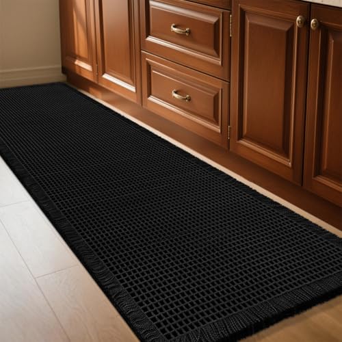 Extra Large Waffle Bath Mat Black 6x2(72 x 24) Boho Woven Modern Bath Mat Rugs Absorbent Non Slip Bathroom Rugs Soft Washable Bath Rugs with Tassels for Bathroom Bedroom Kitchen Shower Tub