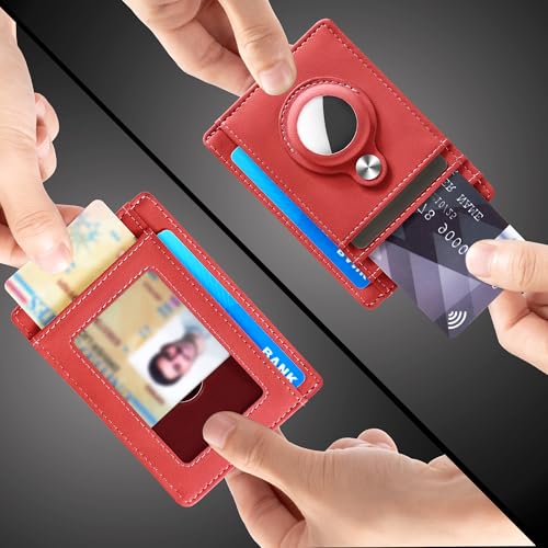 Image of Hawanik Slim Minimalist Front Pocket AirTag Wallet, RFID Blocking Card Holder with AirTag Holder, Red, Minimalist