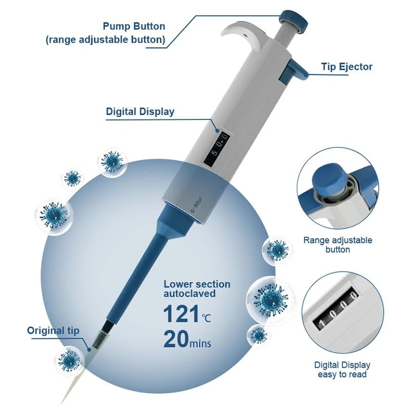 Laborpipette, Kunststoff, einkanalig, digital, verstellbar, Mikropipette, präzise Übertragung for Chemie-Laborgeräte(5-50ul)