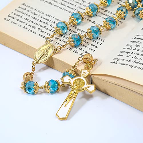 Nazareth Store Terço azul celeste de São Bento cristalizado 10 mm colar rosário banhado a ouro medal
