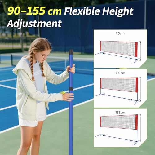WildFun Badminton Netz Set, Foldable Volleyball Netz mit 4 Schläger, Height Adjustable 91 bis 157 cm, Tragbares Set mit Volleyball & Pickleball Schläger & Badminton Schläger, für Garten Indoor Outdoor