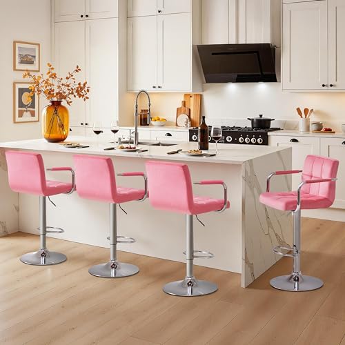Image of Yaheetech Bar Stools Set of 4, Swivel with Backs, Adjustable Height, Pink
