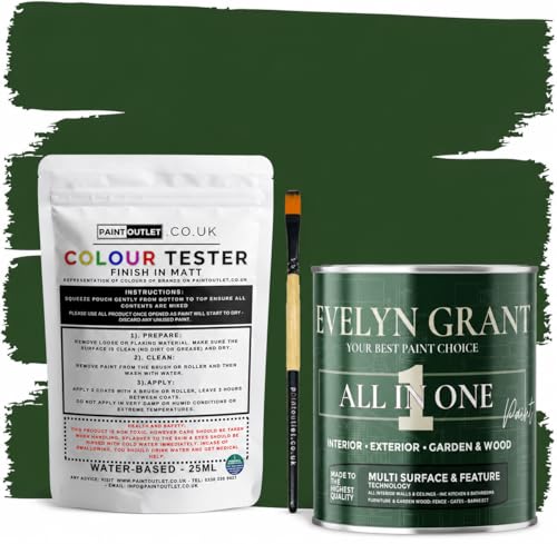 Image of Evelyn Grant All-IN-ONE Paint & Primer - Sample Colour Tester Pot with Brush - Multi-Surface Paint For Interior Walls, Outdoor Garden & Exterior Walls, High Durability Multi-Feature Forest Green
