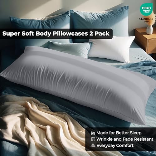 Image of ROYALE LINENS Body Pillow Cover - Double Brushed 1800 Microfiber - 20 inchx54 inch with Hidden Zipper Closure - Wrinkle & Fade Resistant - Super Soft Body Pillowcase 2 Pack (Silver, Pack of 2)