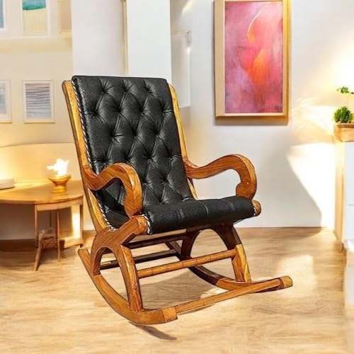 Image of Solid Sheesham Wood Rocking Chair for Living Room | Ergonomic Resting Chair for Relaxing and Pregnant Women (Black)