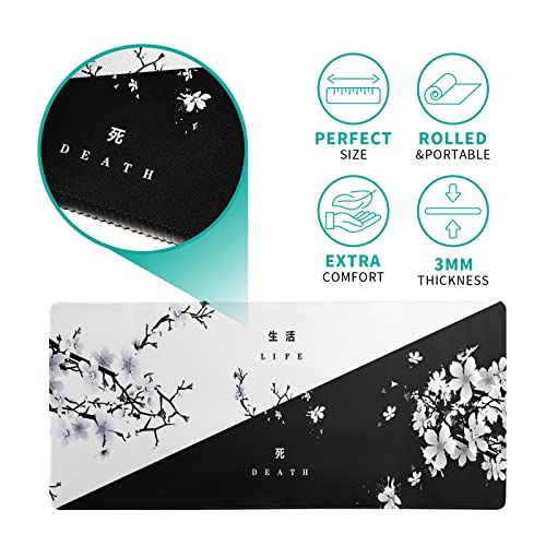 Black and White Japanese Cherry Blossom Gaming Mouse Pad Sakura Death Life Flower Mat 31.5x11.8 Inch Texture Non-Slip Rubber Base Mousepad Stitched Edges Keyboard Desk Pad