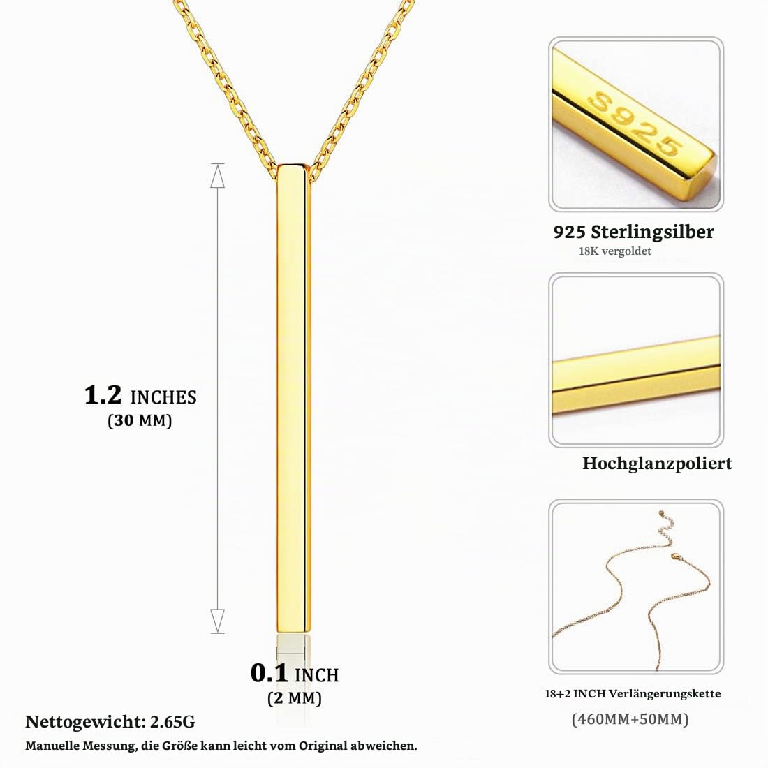 ChicSilver 18K Gold Plated Bar Halskette Minimalistischer Stab Anhänger an Einer zarten Rolo Kette Damen Mädchen Boho Schmuck Geschenk für Freundin
